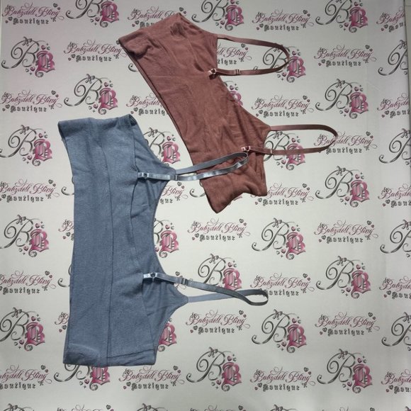 2 sports bras lounge blue and rusty pink shimmer metallic straps super soft - Picture 4 of 4